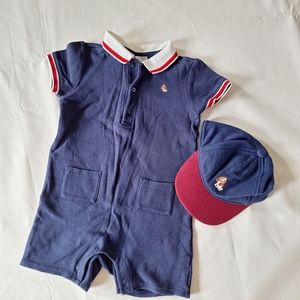 Janie and Jack boys blue red romper and hat set sizw 18-24months dog embroidery